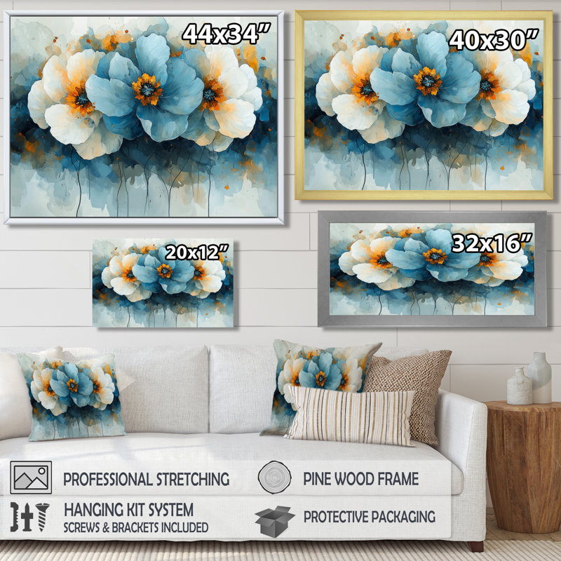Sillent Arrangement Of Poppies Aqua I - pivoines, art mural, H 24 po x l 32 po, Black Floater Framed
