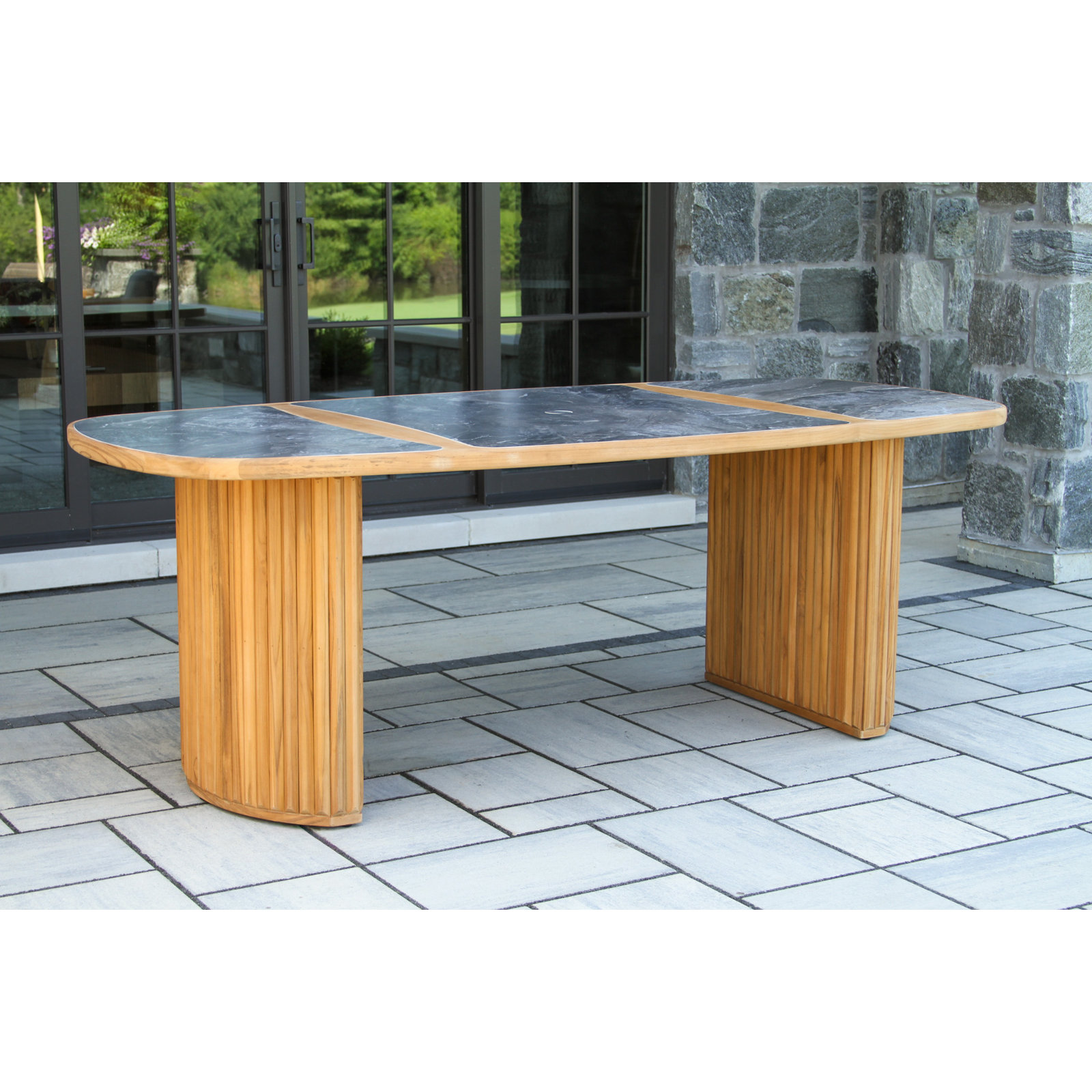 Estate Oval Fluted Teak & Orobico Sintered Stone Dining Table, Gray