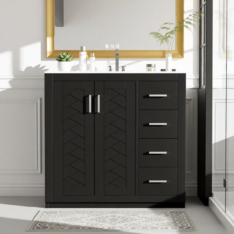 Ensemble de meuble-lavabo 36 po avec lavabo en céramique, armoire de rangement en bois massif, ensemble de meuble-lavabo autoportant avec 3 tiroirs et portes à fermeture douce