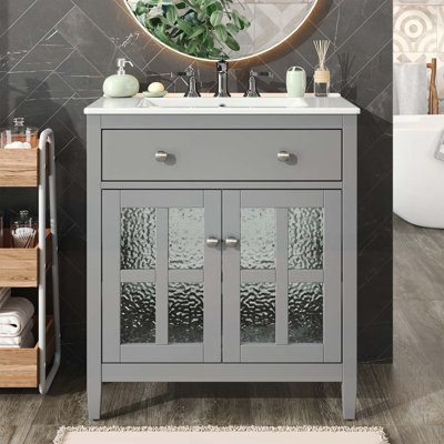 Meuble-lavabo de 30 pouces avec lavabo en céramique, tablette réglable, plateau basculant et charnières à fermeture en douceur pour les salles de bain modernes