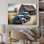 Vieille voiture bleue à la grange - peinture sur toile