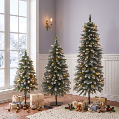 3-Piece Pre-Lit Artificial Pencil Christmas Tree Set, Snow-Tipped PVC Holiday Trees with 8 Lighting Modes