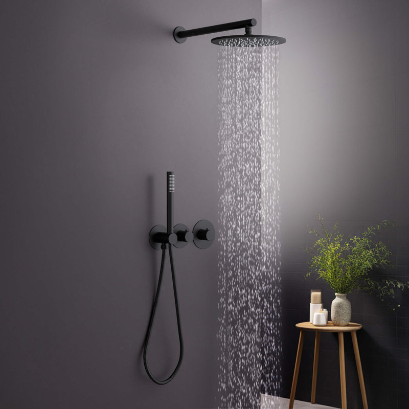 Système de douche thermostatique circulaire à 2 fonctions avec valve brute, Noir mat