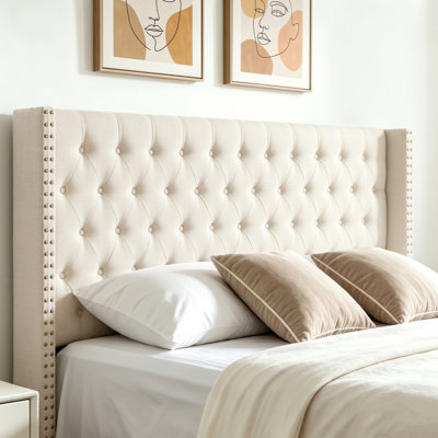 Tufted Wingback Upholstered Headboard with Nailhead Trim