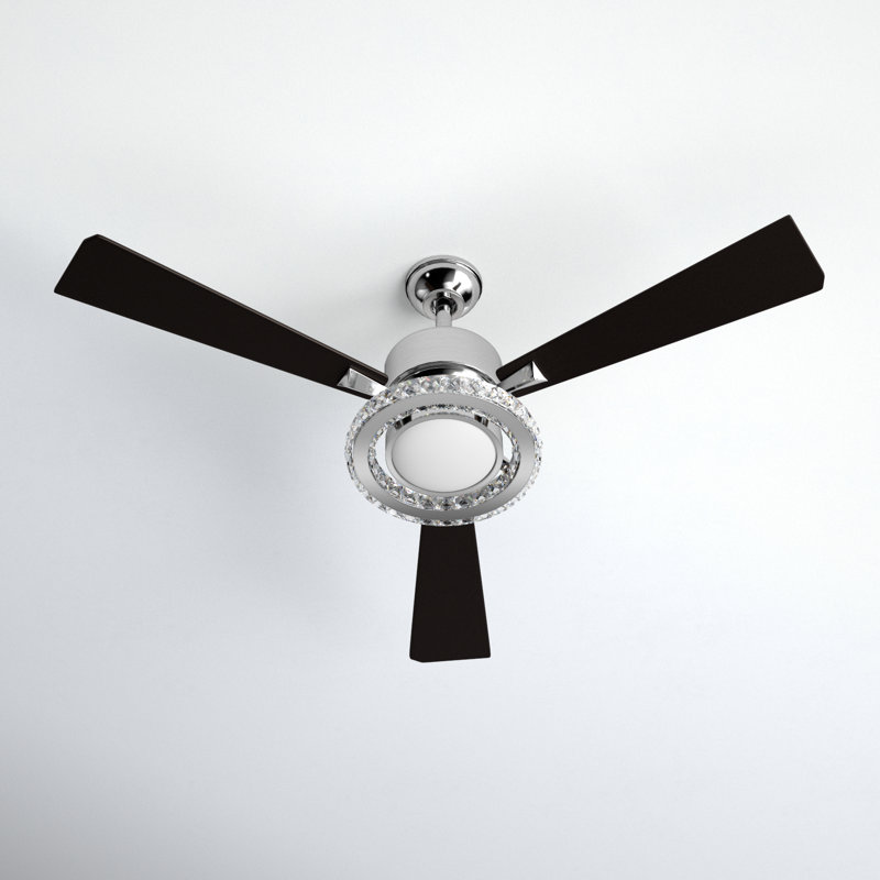 Fitchett 52 in. Brushed Nickel Indoor Rod Mount Glam Ceiling Fan with Black Blades, Dimmable Integrated LED Crystal Light Kit and Remote Control Included, 3 Speeds, Cream Acrylic Shade