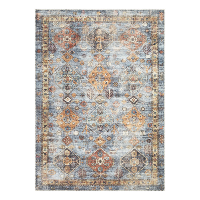  Tapis lavable antidérapant - Tapis de bordure traditionnel bleu / orange pour l'entrée, le couloir, la salle de bain et la cuisine