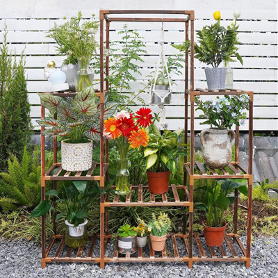 Large 8 Tier Plant Rack with 12 Pot Capacity, Indoor-Outdoor Tall Shelf Made of Pine Wood for Corner Plant Display