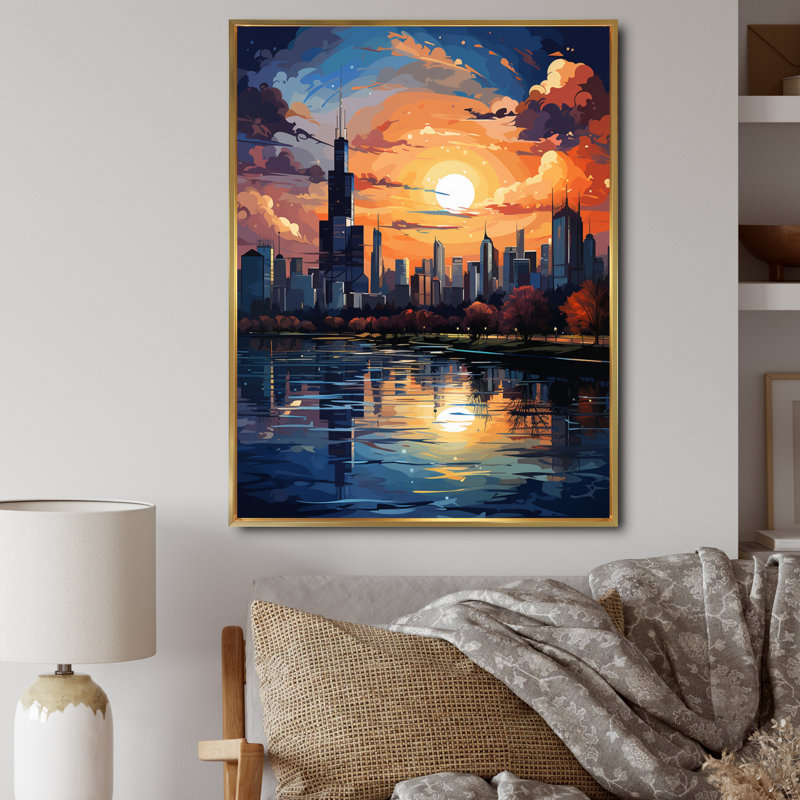 Chicago Popart III sur impression sur toile, H 44 po x l 34 po x P 1,5 po, Cadre flottant doré