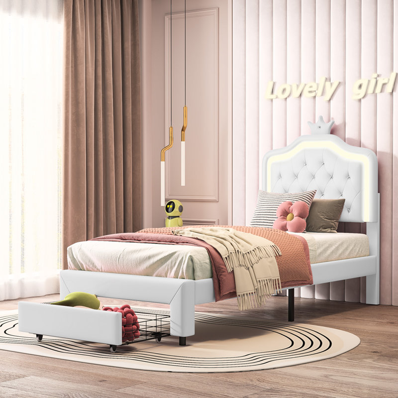 Single Bed with Drawer Storage and LED Headboard, PU Leather Bed Frame with Crown Cloud Design, 90×190, White