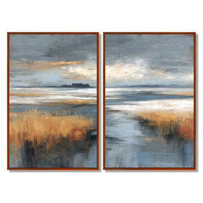 «Golden Path In The France Countryside», paysages, impressions sur toile abstraites grises, 2 pièces