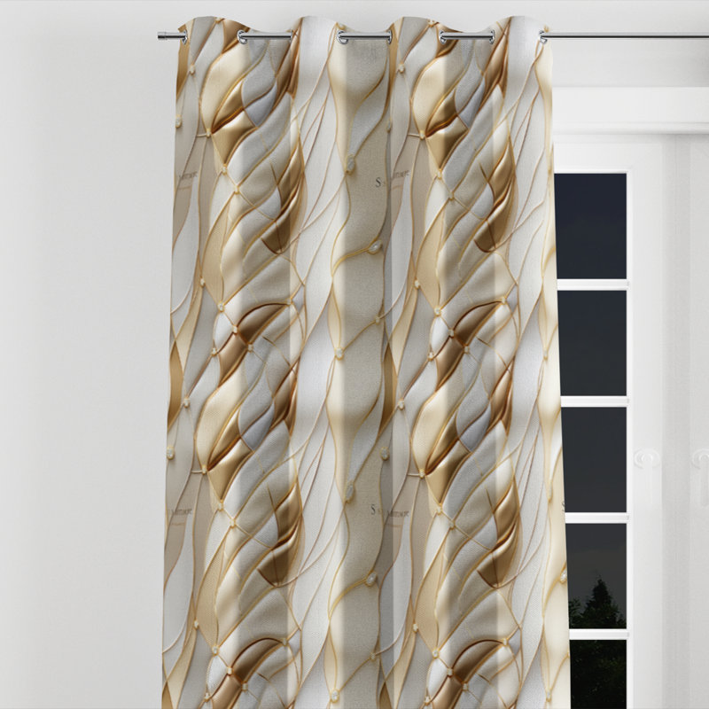 Rideau occultant à œillets doré et blanc champagne Marble Waves I - 1 panneau, L 52 po x L 63 po, Œillets argentés