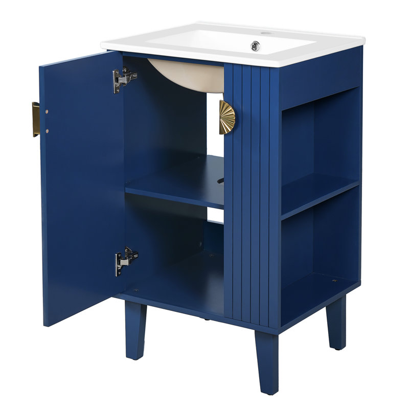 Meuble-lavabo bleu français de 20 po avec lavabo en céramique, porte à fermeture douce et meuble-lavabo élégant, bleu