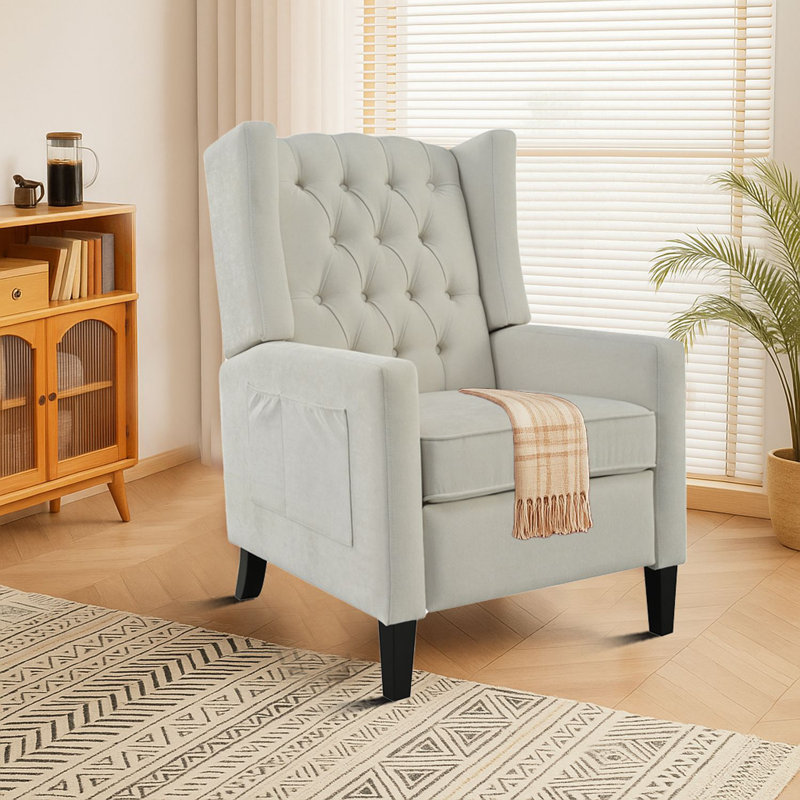 Fauteuil inclinable classique capitonné à oreilles avec garniture cloutée et mécanisme à pousser, tablette pliable, Beige