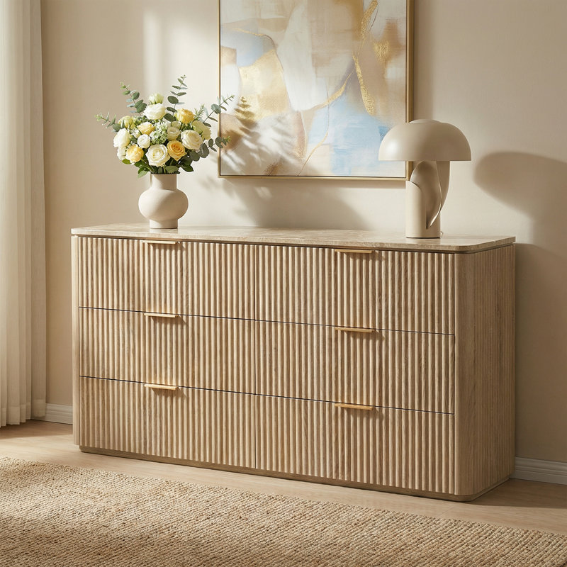 Buffet 6 tiroirs avec commode cannelée avec plateau en faux marbre et commode moderne