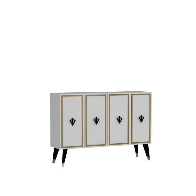 Console moderne avec option de fixation murale, panneau de particules enduit 100% mélamine, 47,2 po x 31,5 po x 11,6 po | Finition élégante en blanc et or | Nombreuses tablettes, conception robuste pour le salon et le vestibule