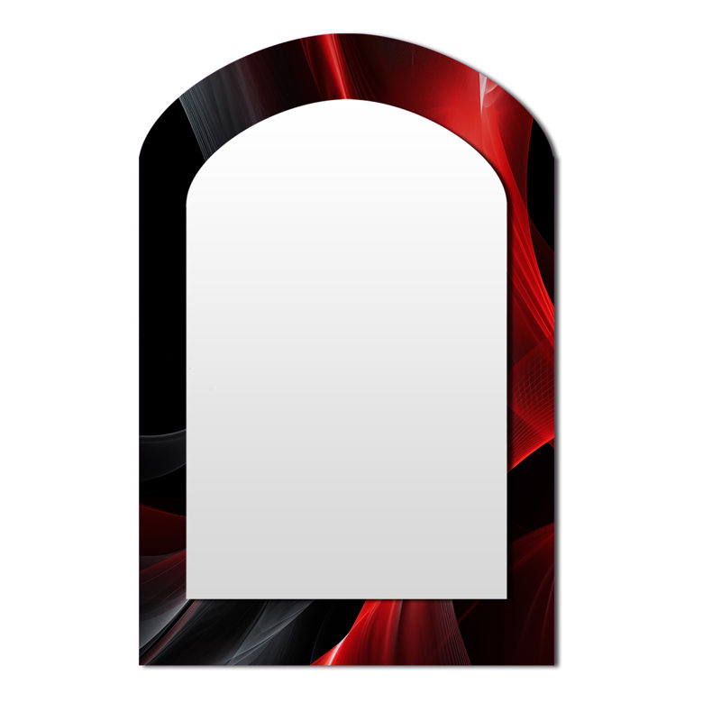 Red Black Contemplative Abstraction V - Waves Asymmetrical Decorative Wall Mirror, Modern Arch Mirror, Printed Metal Art