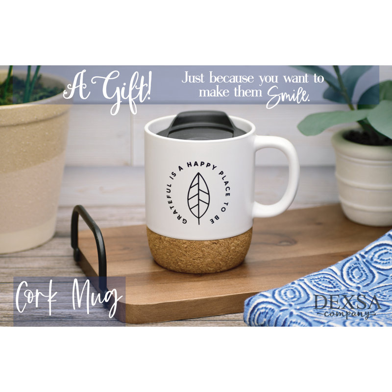 Tasse de fond en liège avec couvercle Grateful Is A Happy Place - 14 oz