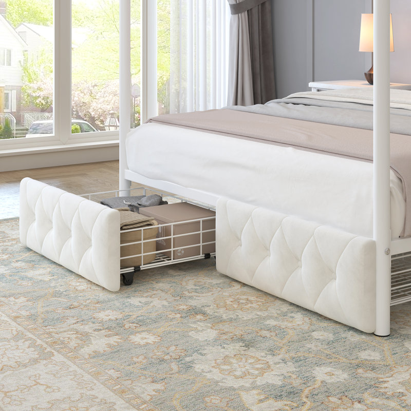 Upholstered And Metal Canopy Platform Bed With Two Storage Drawers, Queen