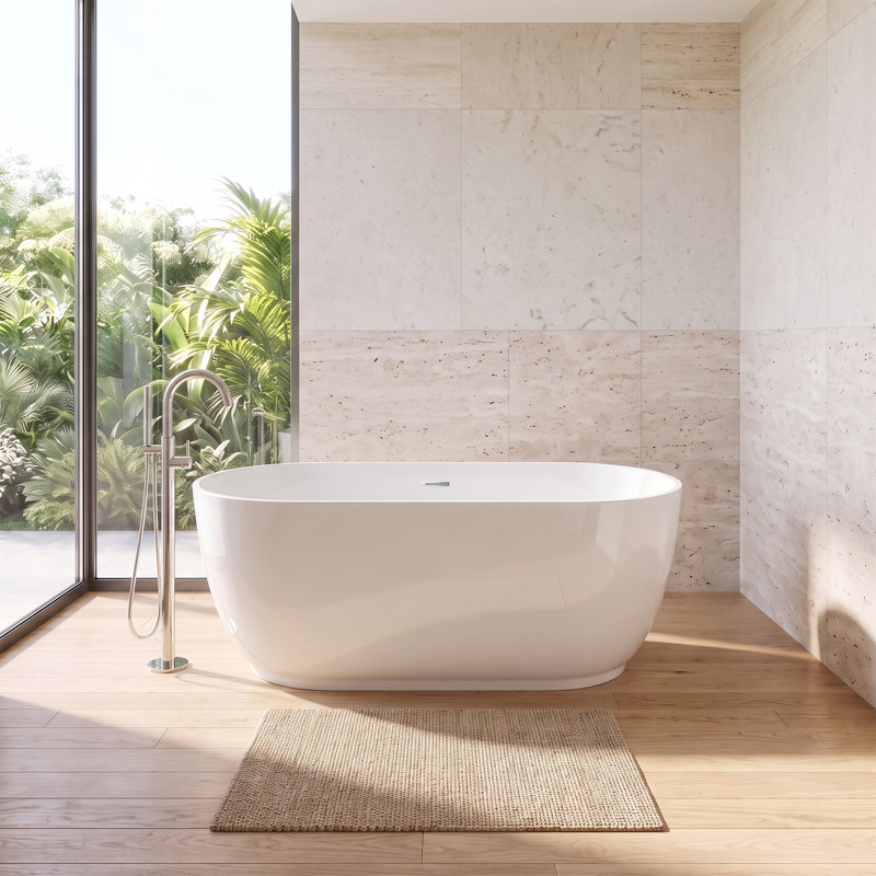 Baignoire de trempage ovale autoportante moderne en acrylique blanc lustré de 60 pouces avec système de drainage intégré, bonde pré-percée et trous de trop-plein et base autonivelante