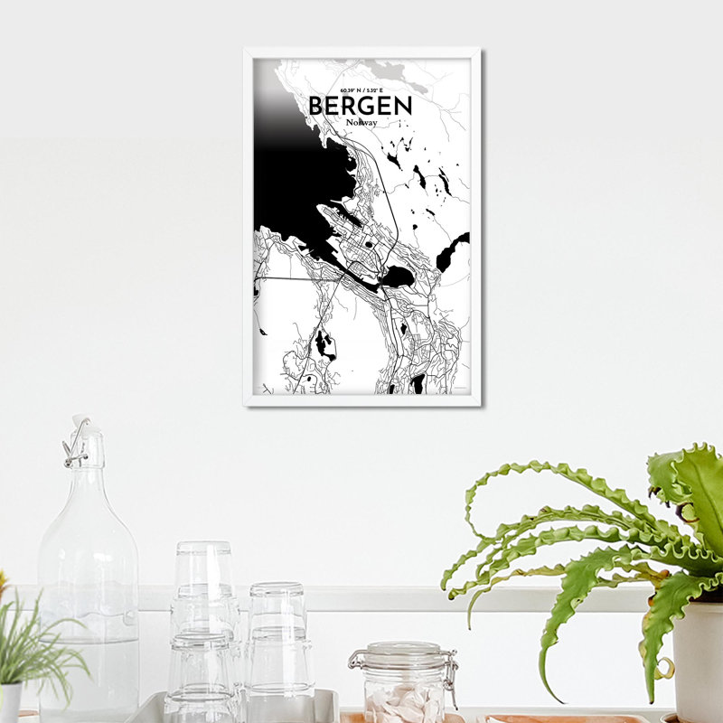 Bergen City Map, impression, H 17 po x l 11 po, Noir et blanc
