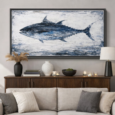 Vintage Blue Tuna Fish Coastal Rustic Nautical Wall Decor Extra Large Pictures Framed Canvas Print Wall Art