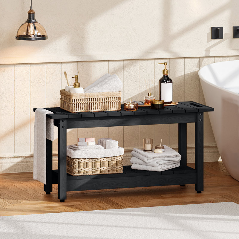 35.5" Shower Bench, HIPS Shower Stool with Shelf, Shower Seat 400 Lbs Capacity, Indoor & Outdoor Multi-Functional for Bathroom, Entryway, Garden, Black