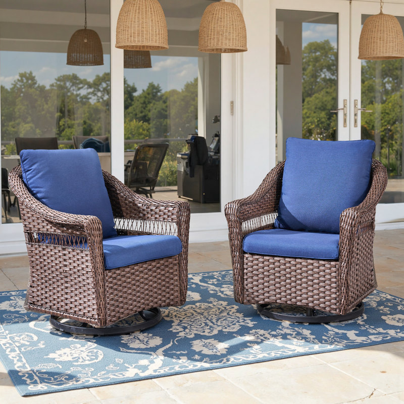 Quirama All-Weather Rattan Outdoor Courtyard High Backrest Swivel Chair With Cushions (Set Of 2), Blue Cushion/Brown Frame