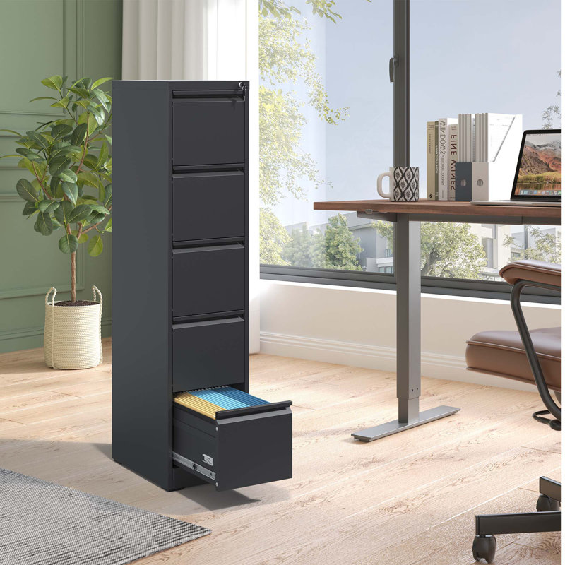 5-Drawer Lockable Metal Vertical File Cabinet for A4/Legal/Letter Size, Office & Home Use, Black