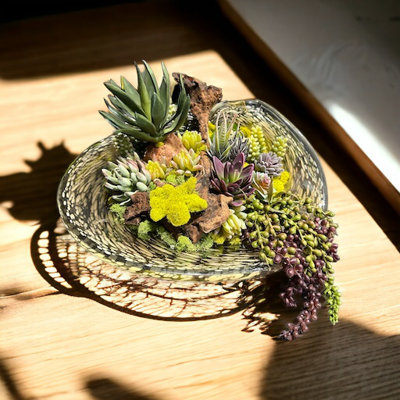 Succulent Design on Light Brown Circular Glass Vase | Modern Home Decor and Faux Flowers