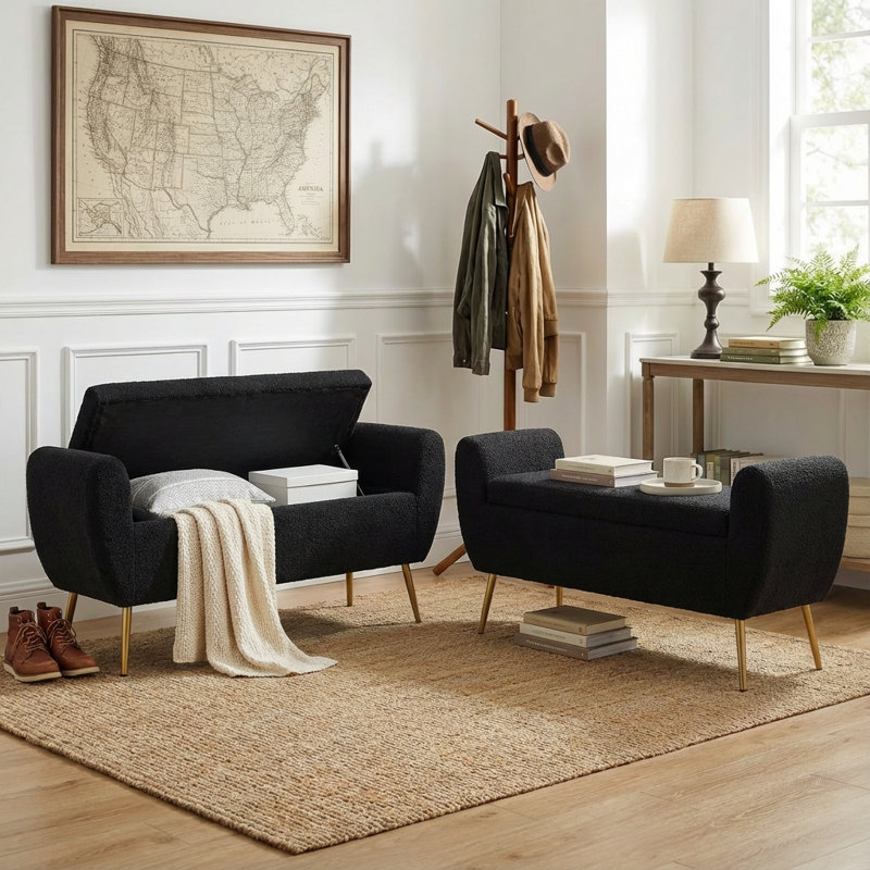 Kaybree Upholstered Flip Top Storage Bench, Black
