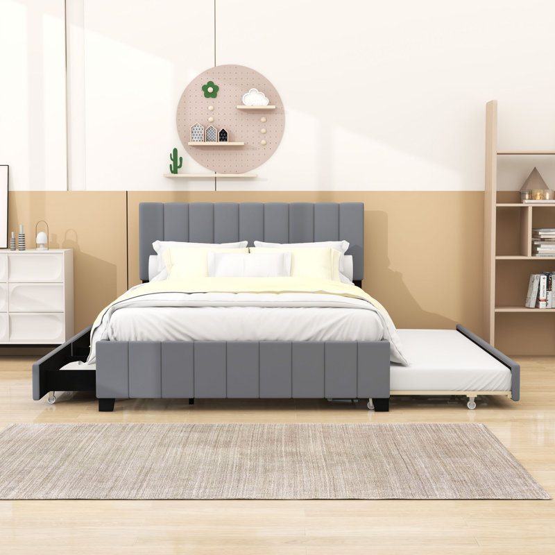 Queen Size Velvet Upholstered Platform Bed with 2 Drawers and Twin XL Trundle, Gray