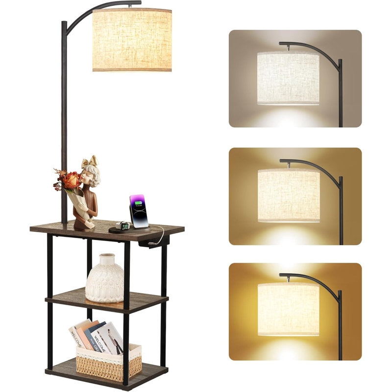 Floor Lamp With Table, End Table With Charging Station, Brown