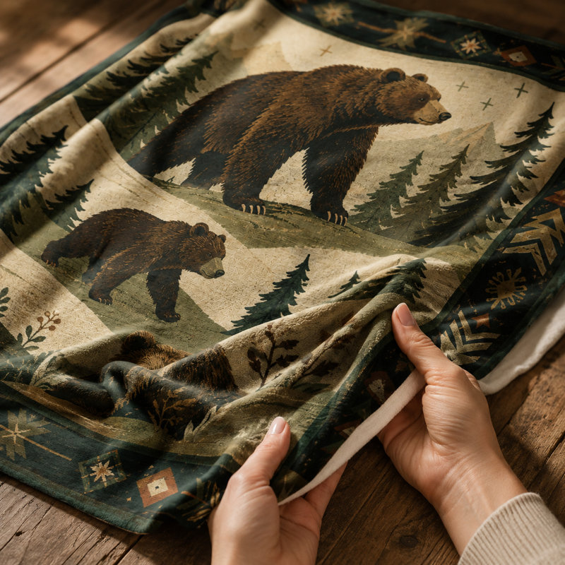 Plaid en flanelle à motif d'ours, pins de montagne et bordure géométrique, style rustique, idéal pour canapé, lit, chalet ou coin lecture, 152 x 203 cm