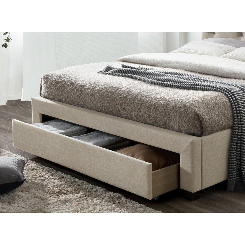 Lit plateforme à panneau de rangement tapissier, Beige, Double