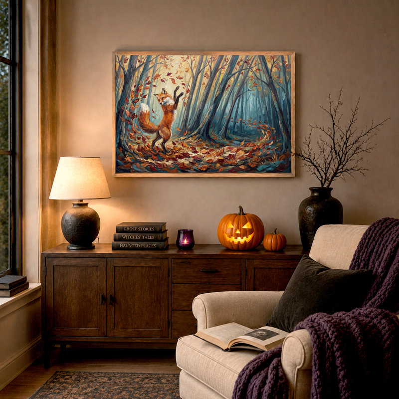 Renard debout sur une patte arrière dans une forêt d'automne, 18"H x 24"W