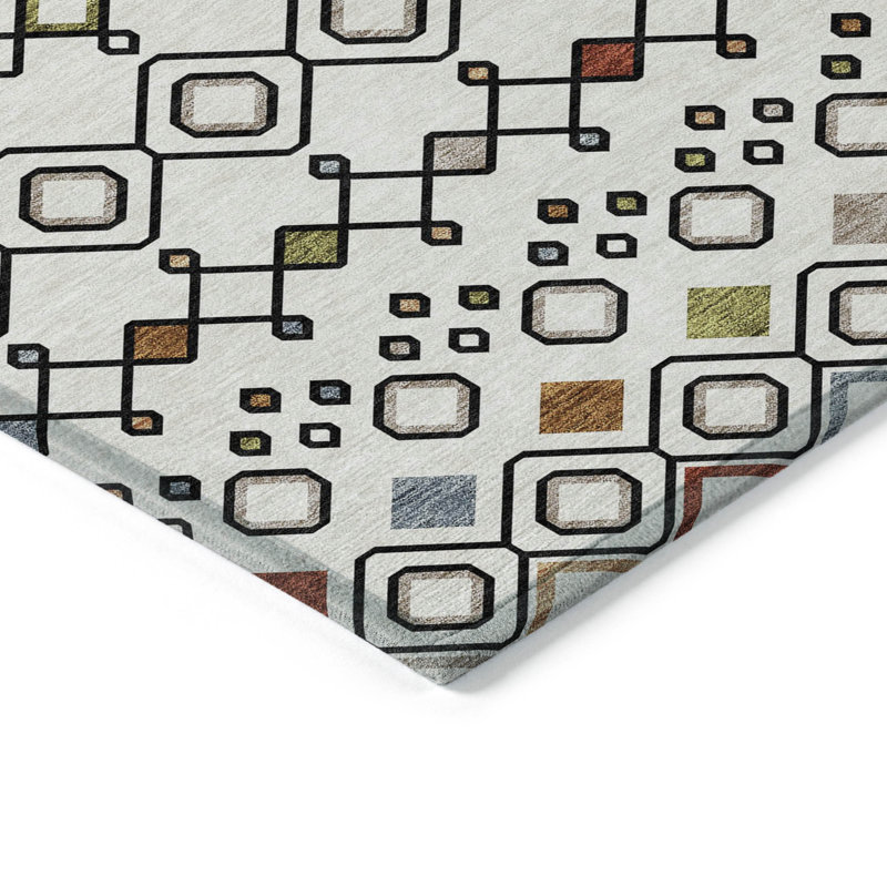 Tapis intérieur / extérieur lavable géométrique 5 pi x 8 pi rouge et gris ivoire