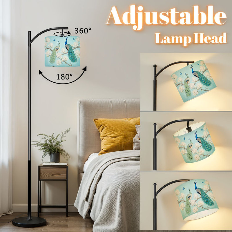 Arc Floor Lamp Peacocks Magnolia Blossoms Turquoise Elegant Vintage Asian Style Standing Light for Bedroom 3 Color Dimmable Tall Lamp with Remote Control and Bulb Included