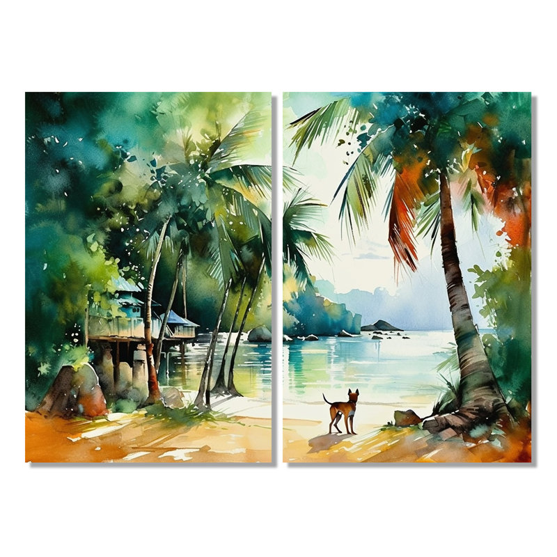 Chien sur la plage - animaux, art mural 2 pièces, H 36 po x l 48 po, Toile tendue, Ne s’applique pas