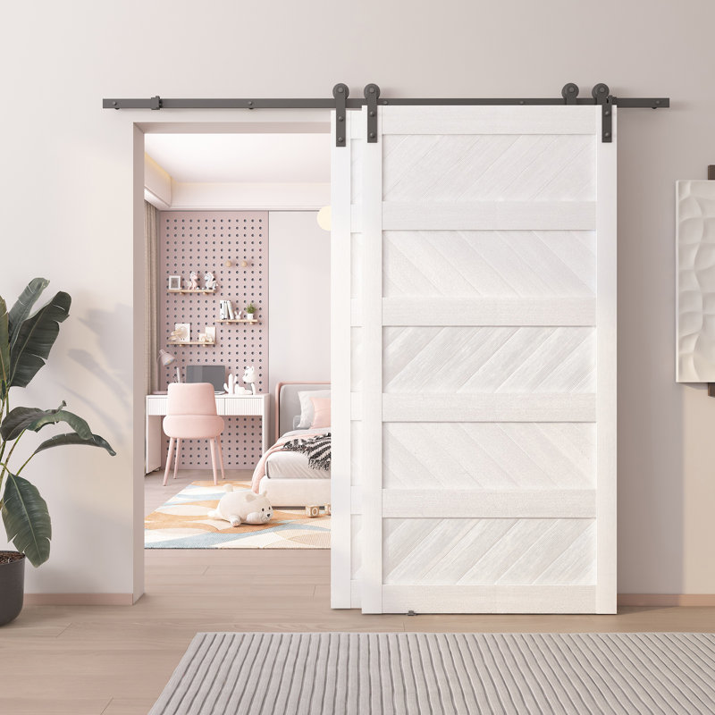 Portes de grange doubles en bois manufacturé avec panneaux de vagues, Blanc, 84 po x 84 po
