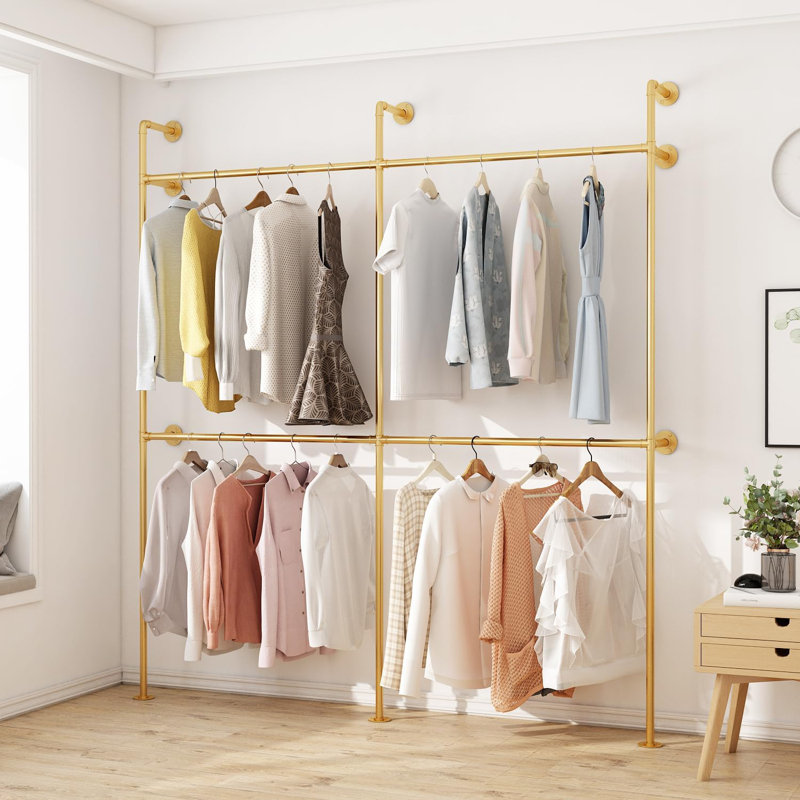 Industrial Pipe Clothing Rack Heavy Duty Metal Garment Rack With Double Hanging Rods Wall Mounted Space Saving Clothes Display Rack
