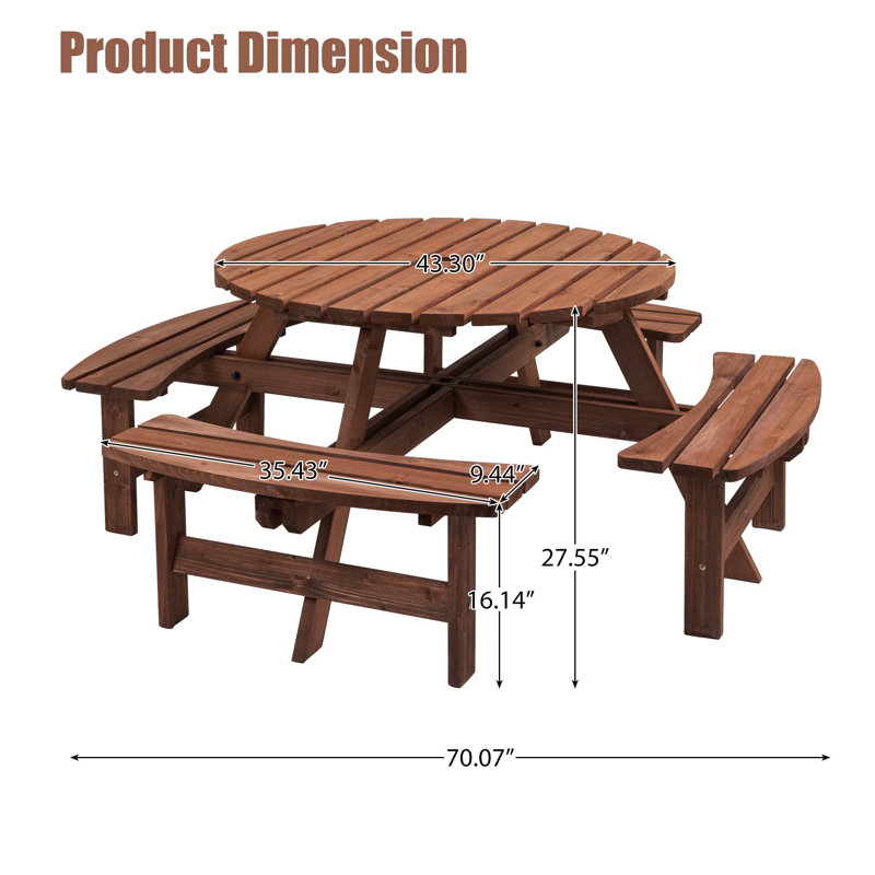 8 Person Wooden Picnic Table, Outdoor Camping Dining Table With Seat, Garden, DIY W/ 4 Built-In Benches, 2220Lb Capacity