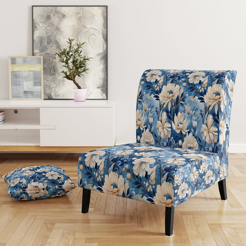 Enchanted Blue And White Peonies Pattern - Upholstered Farmhouse Slipper Chair, Rustic Floral Accent Chair