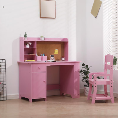 Ensemble de bureau et chaise pour enfant rose avec planche de liège, table d'étude en bois avec tablettes, tiroir et armoire, mobilier ergonomique réglable pour chambre d'enfant
