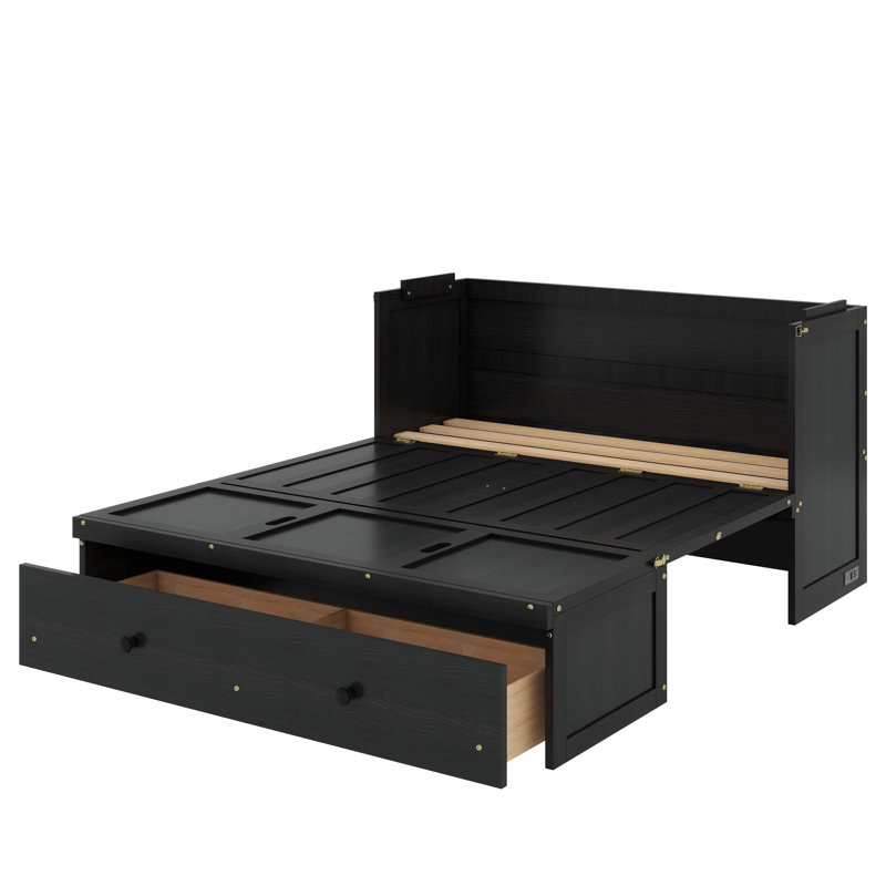 Lit escamotable avec tiroirs de rangement intégrés, gris, Double