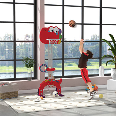Qaba 5-in-1 Kids Basketball Hoop, Toddler Sports Activity Center, 5 Level Adjustable Height Basketball Goal with Soccer, Golf, Ring Toss & Throw Ball Game for Boys Girls 3-6 Years Indoor, Red