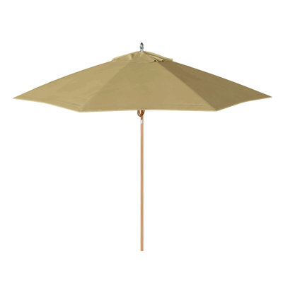 Parasol en teck de 9 pieds en aluminium avec nervures en fibre de verre et support de poulie en Sunbrella beige chiné