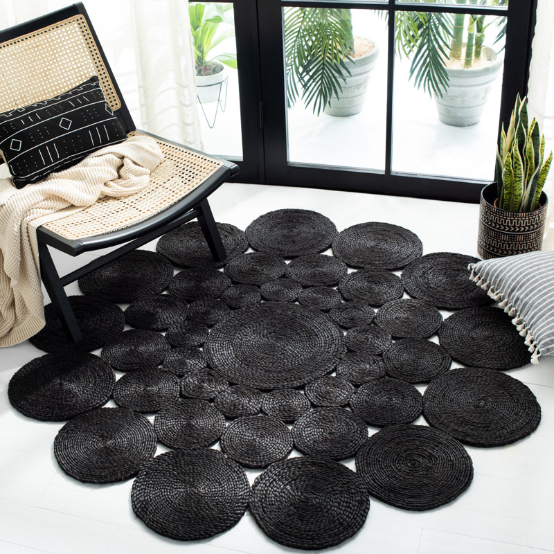 Tapis rond noir en jute tissé à la main Additri, Rond 10 pi