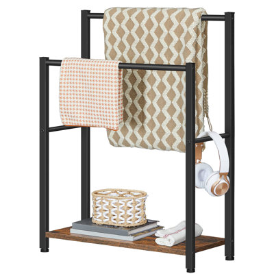 Porte-serviettes autoportant pour salle de bain, porte-couvertures à 2 niveaux, L 16,5 po x l 9,4 po x H 31,5 po, porte-couvertures, séchoir et présentoir avec tablette, brun rustique et noir