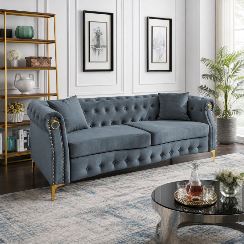  83.5" Velvet Chesterfield Tufted Sofa, Gray