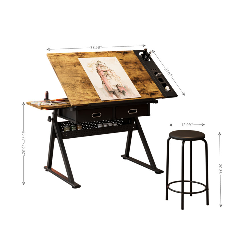 Bureau de dessin réglable, plateau de table inclinable, 2 grands tiroirs non tissés, rangement en métal, tabouret,